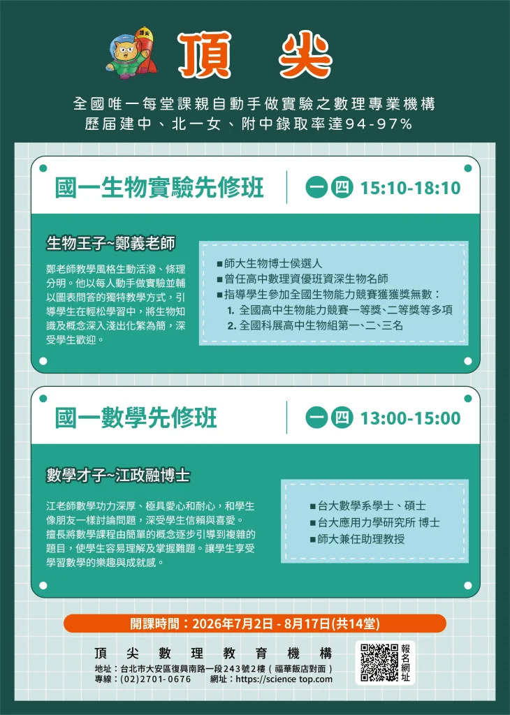 2026年暑期國一(7年級)生物實驗先修班與國一(7年級)數學先修班師資介紹