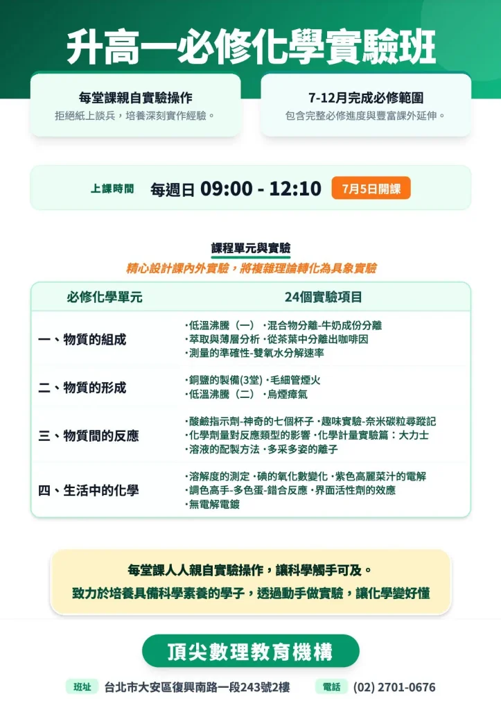 頂尖數理教育機構-高一必修化學實驗班課程單元
